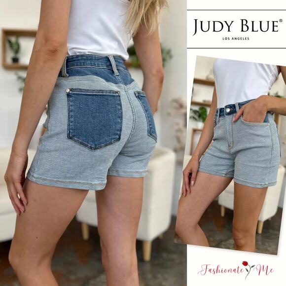 Judy Blue High Rise Waist Color Block Design Zip Fly Light Washed Denim Shorts